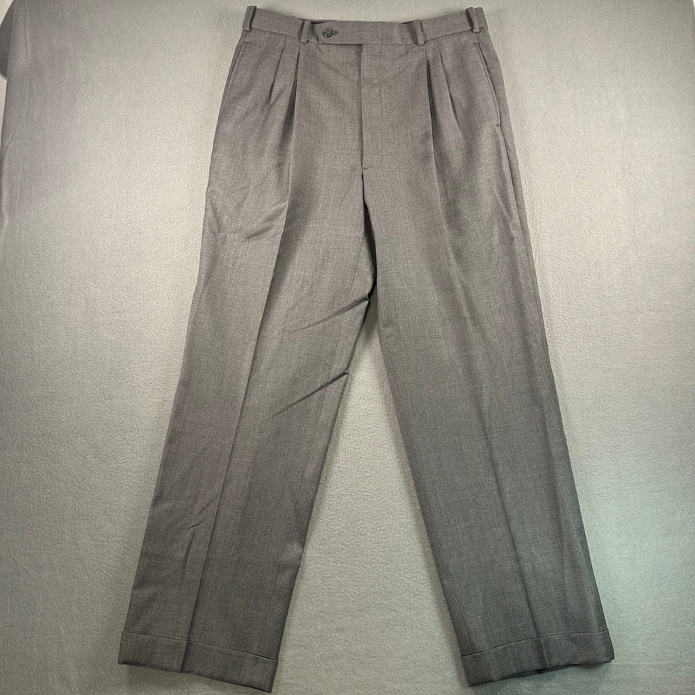 Tom James Royal Classic Grey Wool Pleated Cuffed Dress Pants Mens 34x31